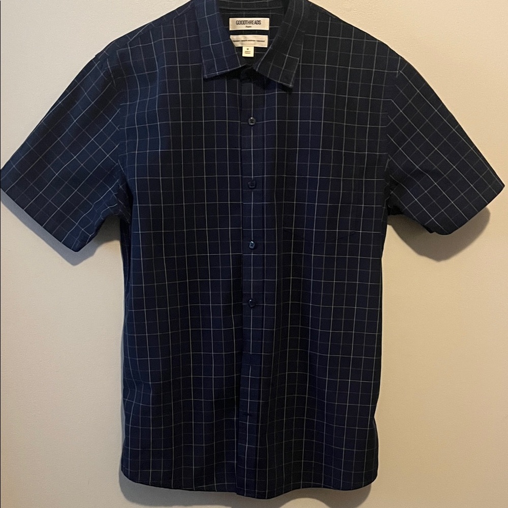 Goodthreads Poplin Navy  Checkered Short Sleeve Shirt Size M